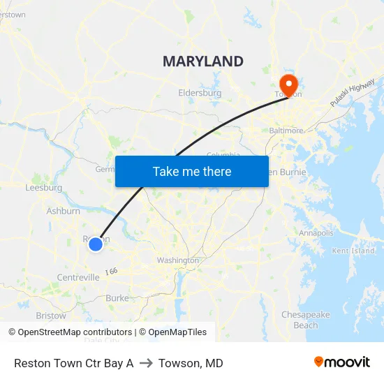 Reston Town Ctr Bay A to Towson, MD map