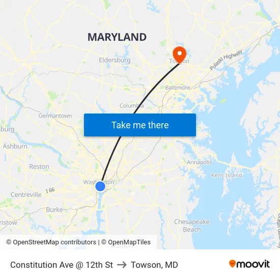 Constitution Ave @ 12th St to Towson, MD map