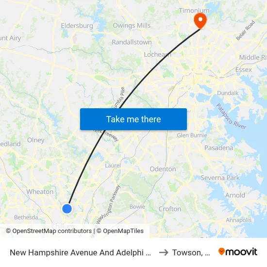 New Hampshire Avenue And Adelphi Road to Towson, MD map