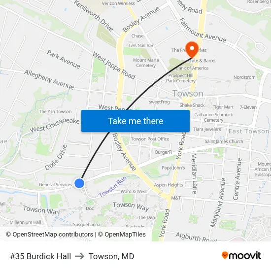 #35 Burdick Hall to Towson, MD map