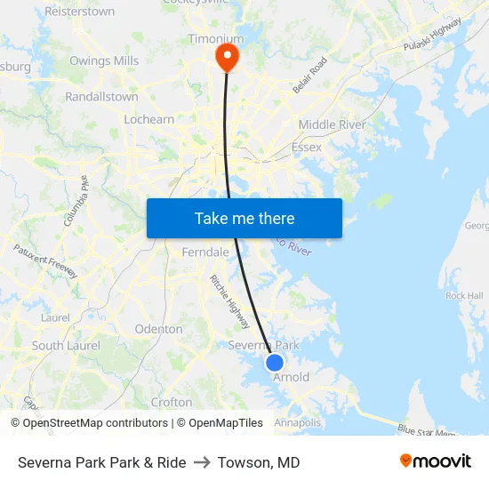 Severna Park Park & Ride to Towson, MD map