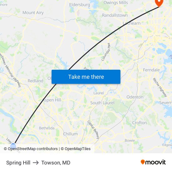 Spring Hill to Towson, MD map