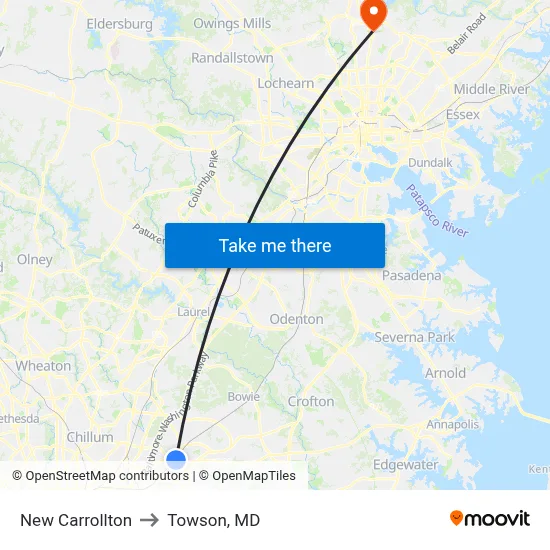 New Carrollton to Towson, MD map