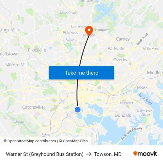 Warner St (Greyhound Bus Station) to Towson, MD map
