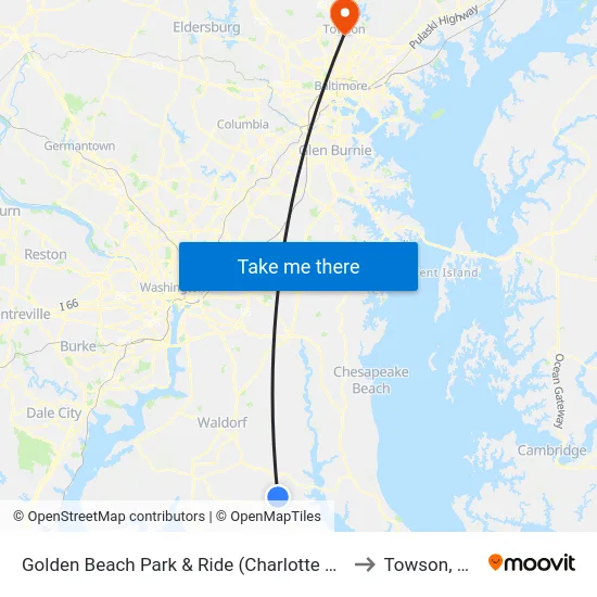 Golden Beach Park & Ride (Charlotte Hall) to Towson, MD map