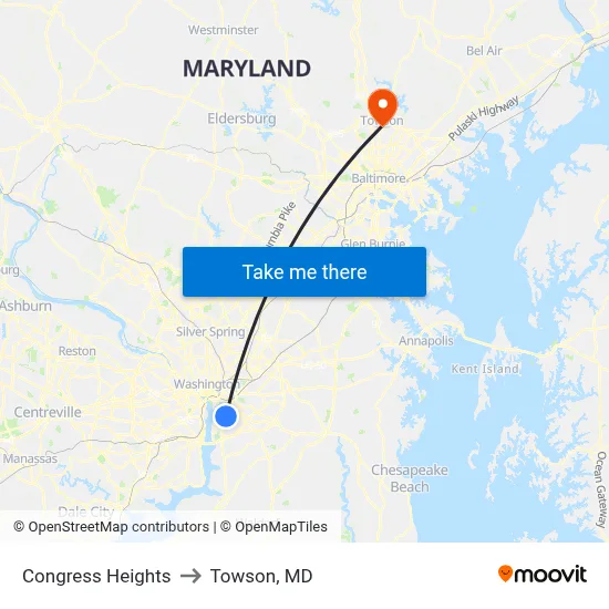 Congress Heights to Towson, MD map