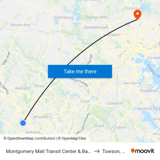 Montgomery Mall Transit Center & Bay D to Towson, MD map