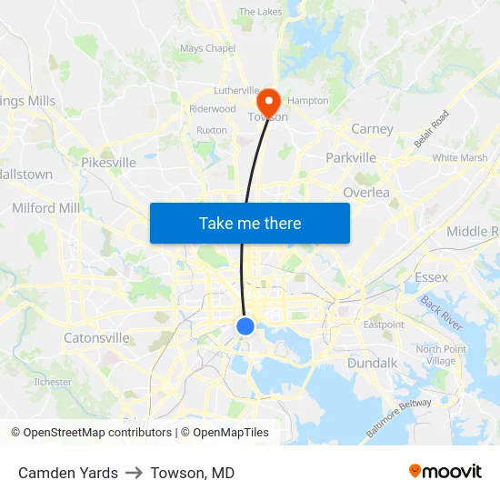 Camden Yards to Towson, MD map