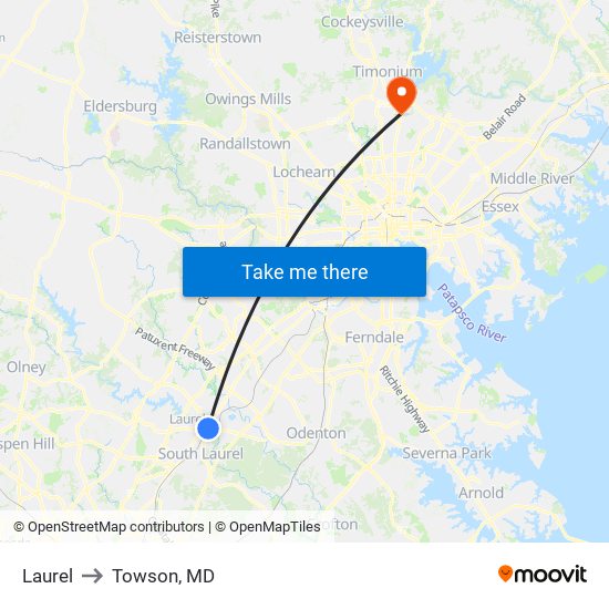 Laurel to Towson, MD map