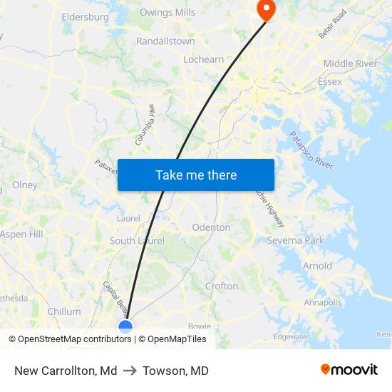 New Carrollton, Md to Towson, MD map