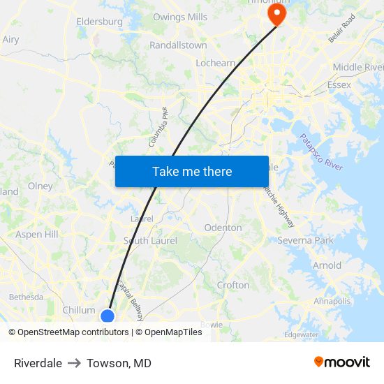 Riverdale to Towson, MD map