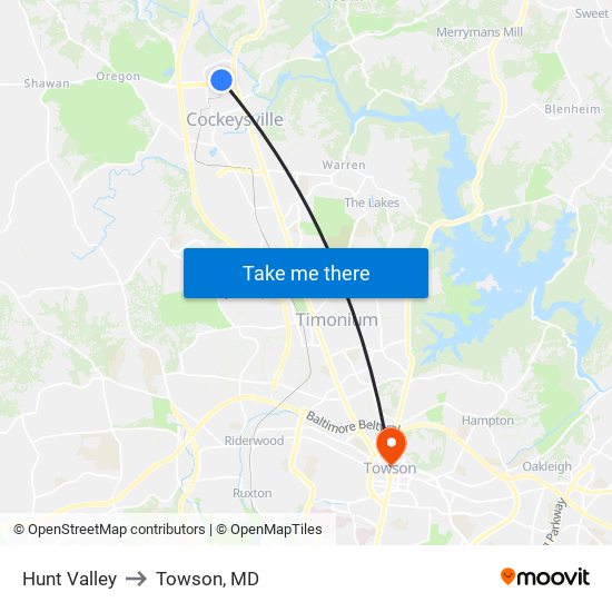 Hunt Valley to Towson, MD map