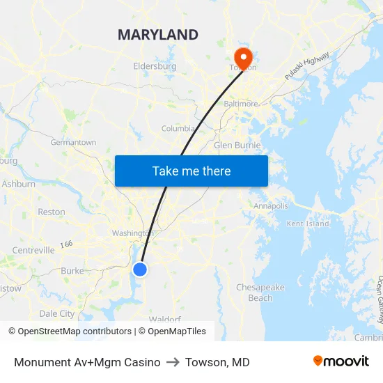 Monument Av+Mgm Casino to Towson, MD map