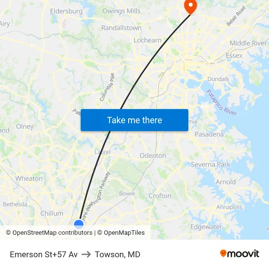 Emerson St+57 Av to Towson, MD map