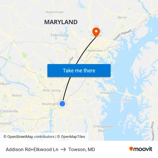 Addison Rd+Elkwood Ln to Towson, MD map
