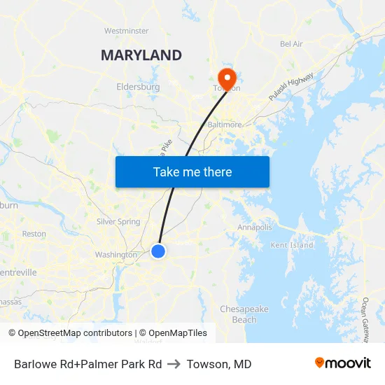 Barlowe Rd+Palmer Park Rd to Towson, MD map