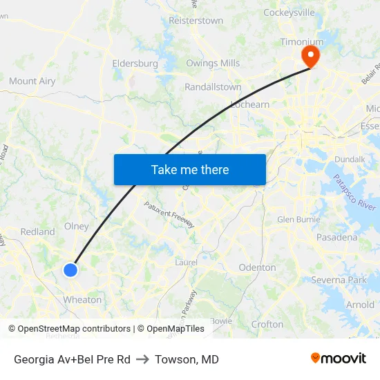 Georgia Av+Bel Pre Rd to Towson, MD map