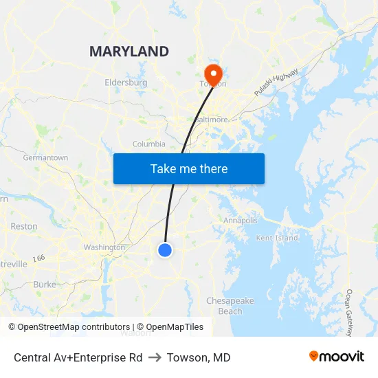 Central Av+Enterprise Rd to Towson, MD map