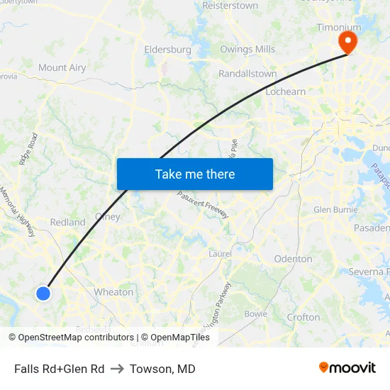 Falls Rd+Glen Rd to Towson, MD map