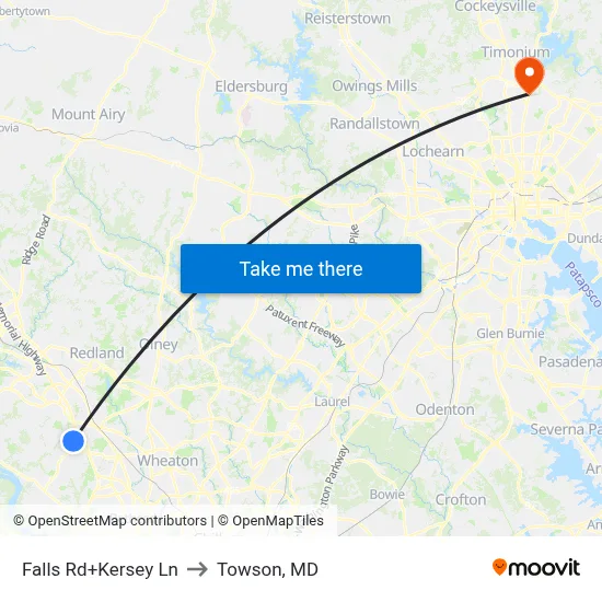 Falls Rd+Kersey Ln to Towson, MD map