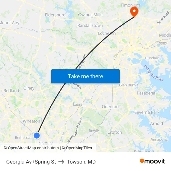 Georgia Av+Spring St to Towson, MD map