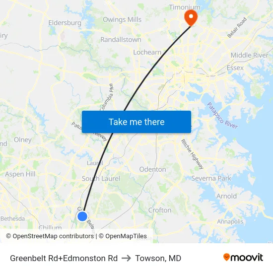 Greenbelt Rd+Edmonston Rd to Towson, MD map