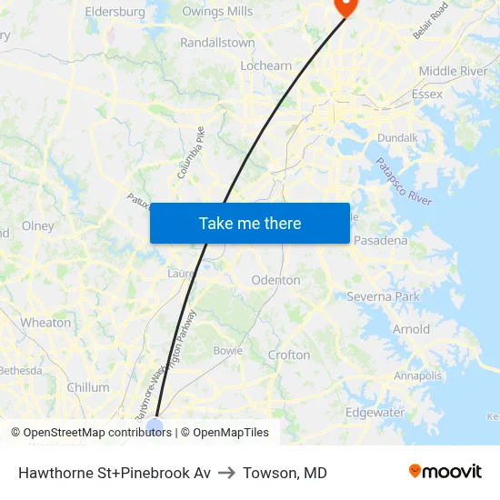 Hawthorne St+Pinebrook Av to Towson, MD map