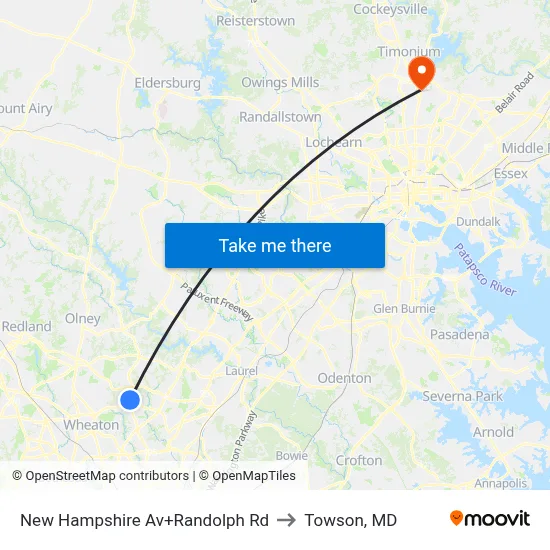 New Hampshire Av+Randolph Rd to Towson, MD map