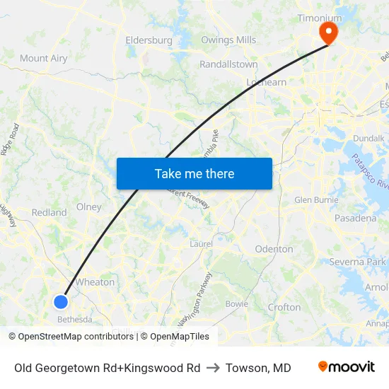 Old Georgetown Rd+Kingswood Rd to Towson, MD map