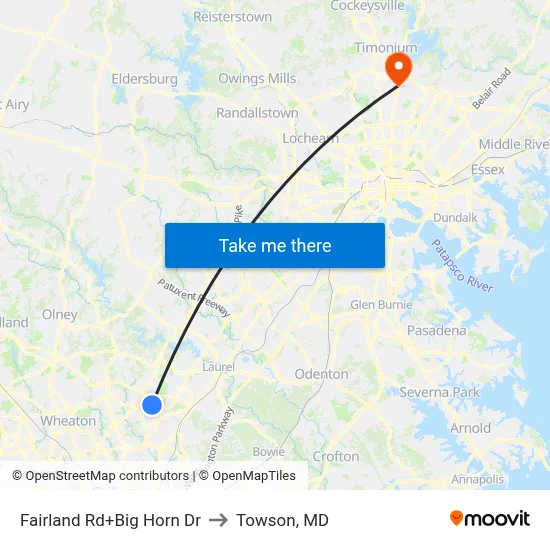 Fairland Rd+Big Horn Dr to Towson, MD map
