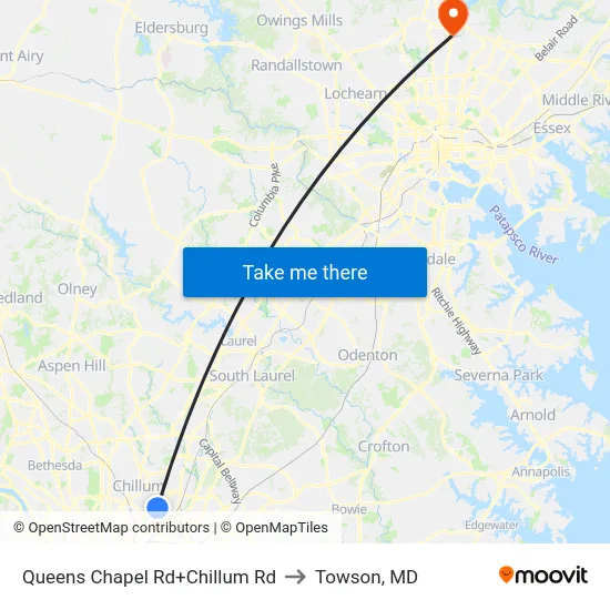 Queens Chapel Rd+Chillum Rd to Towson, MD map