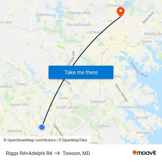 Riggs Rd+Adelphi Rd to Towson, MD map