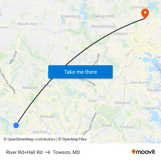 River Rd+Hall Rd to Towson, MD map