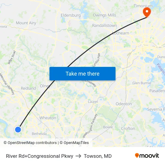 River Rd+Congressional Pkwy to Towson, MD map