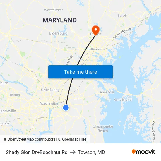 Shady Glen Dr+Beechnut Rd to Towson, MD map