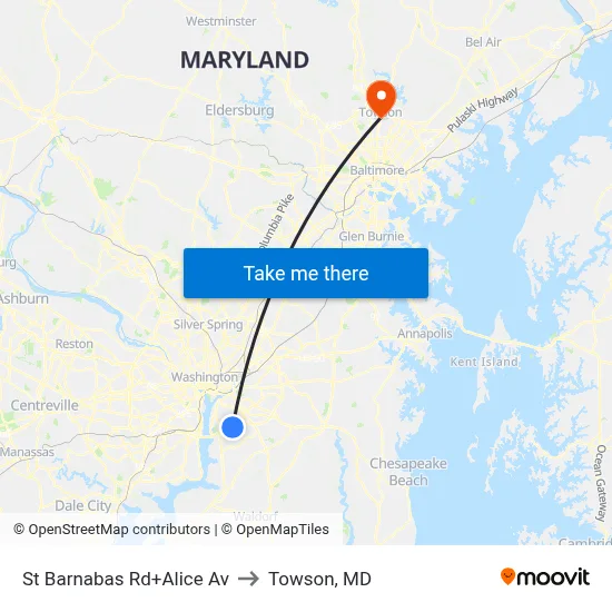St Barnabas Rd+Alice Av to Towson, MD map