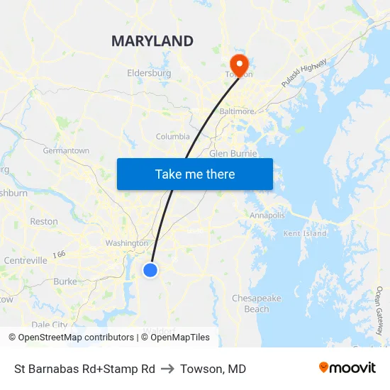 St Barnabas Rd+Stamp Rd to Towson, MD map