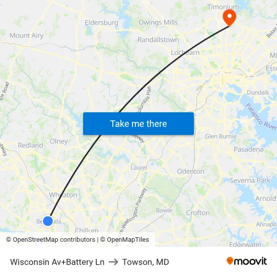 Wisconsin Av+Battery Ln to Towson, MD map
