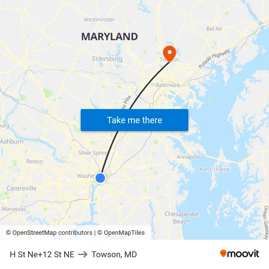 H St Ne+12 St NE to Towson, MD map
