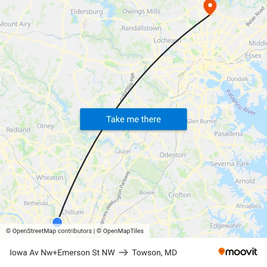 Iowa Av Nw+Emerson St NW to Towson, MD map