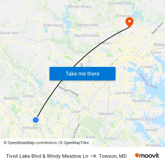 Tivoli Lake Blvd & Windy Meadow Ln to Towson, MD map