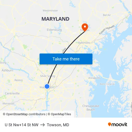 U St Nw+14 St NW to Towson, MD map