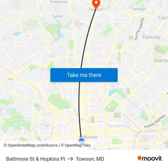 Baltimore St & Hopkins Pl to Towson, MD map