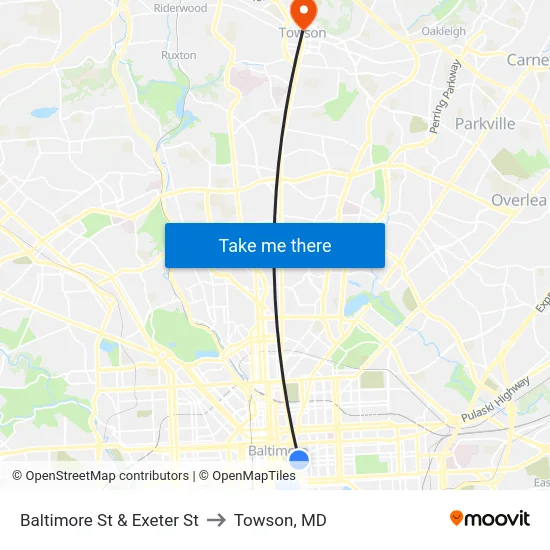 Baltimore St & Exeter St to Towson, MD map