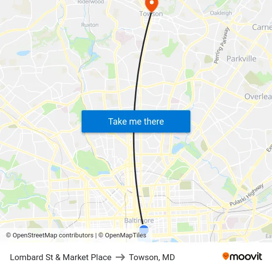 Lombard St & Market Place to Towson, MD map