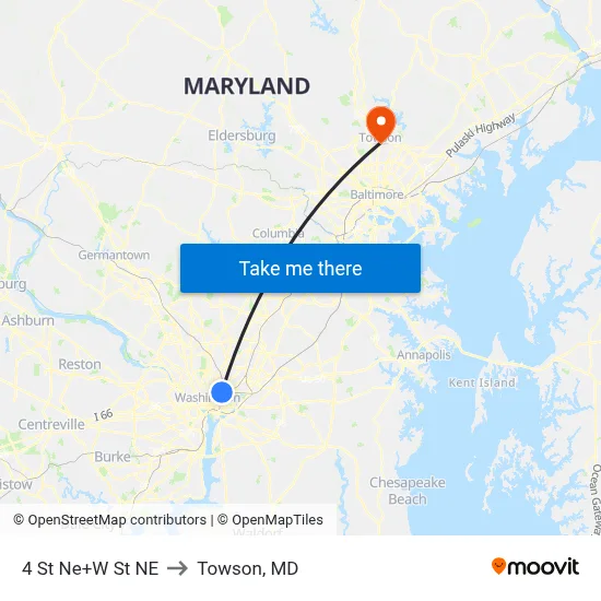 4 St Ne+W St NE to Towson, MD map