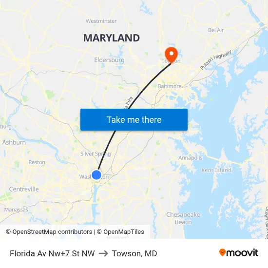 Florida Av Nw+7 St NW to Towson, MD map