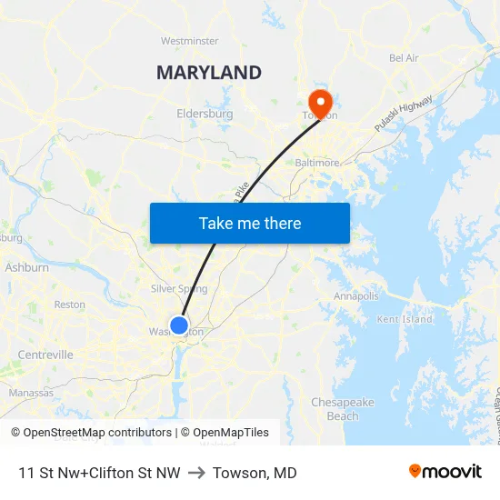 11 St Nw+Clifton St NW to Towson, MD map
