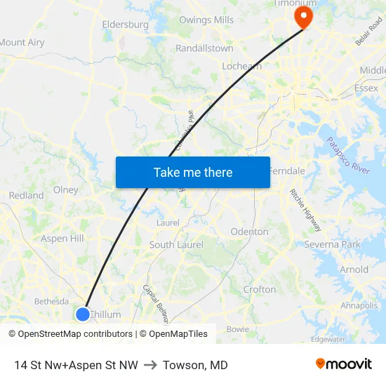 14 St Nw+Aspen St NW to Towson, MD map