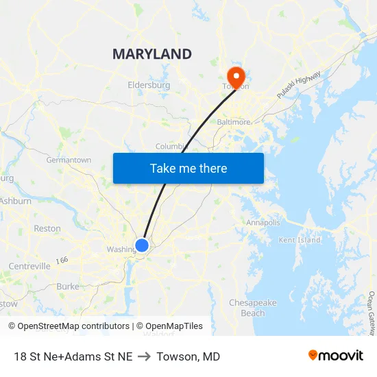18 St Ne+Adams St NE to Towson, MD map